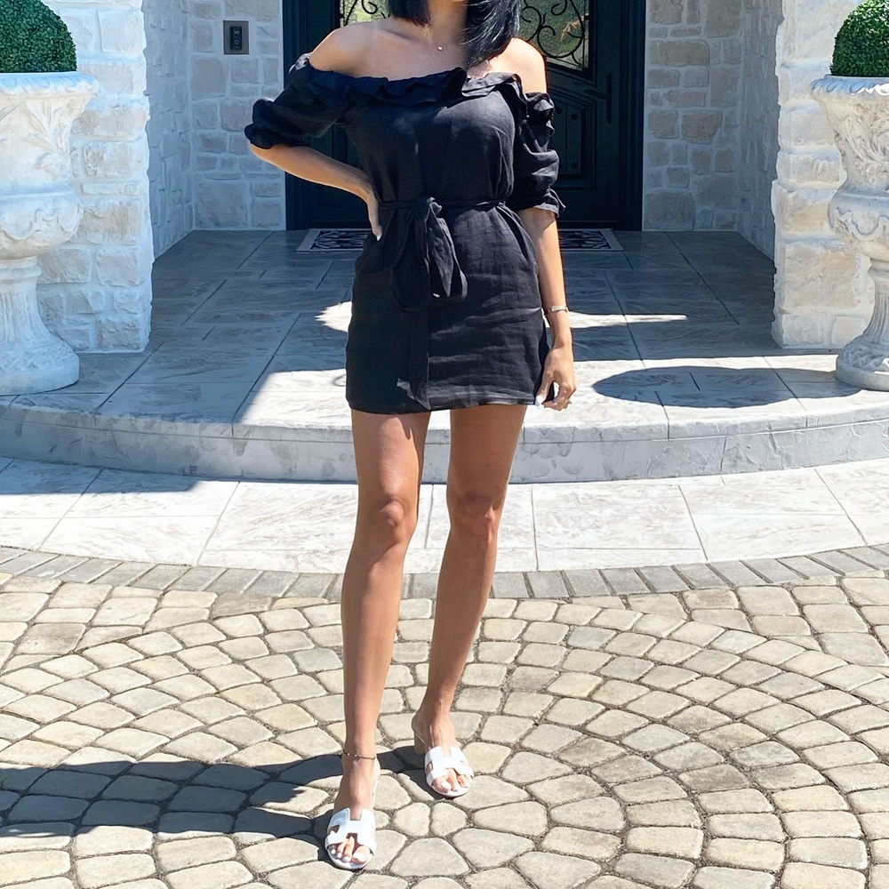 Reformation Linen Charcoal Off-Shoulder dress